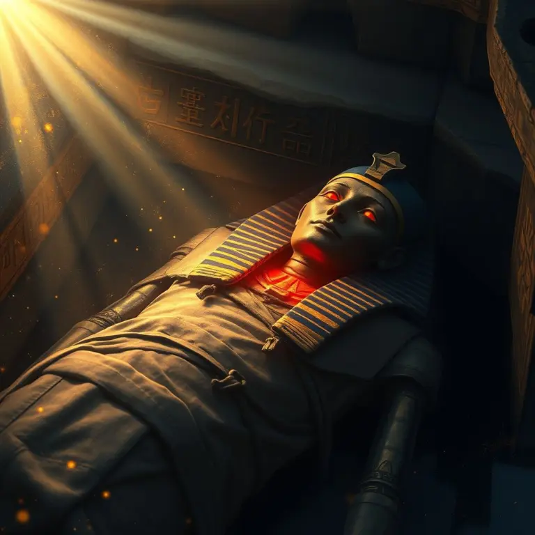 Mummy in ancient Egyptian coffin, eyes glowing red, in a dark tomb.