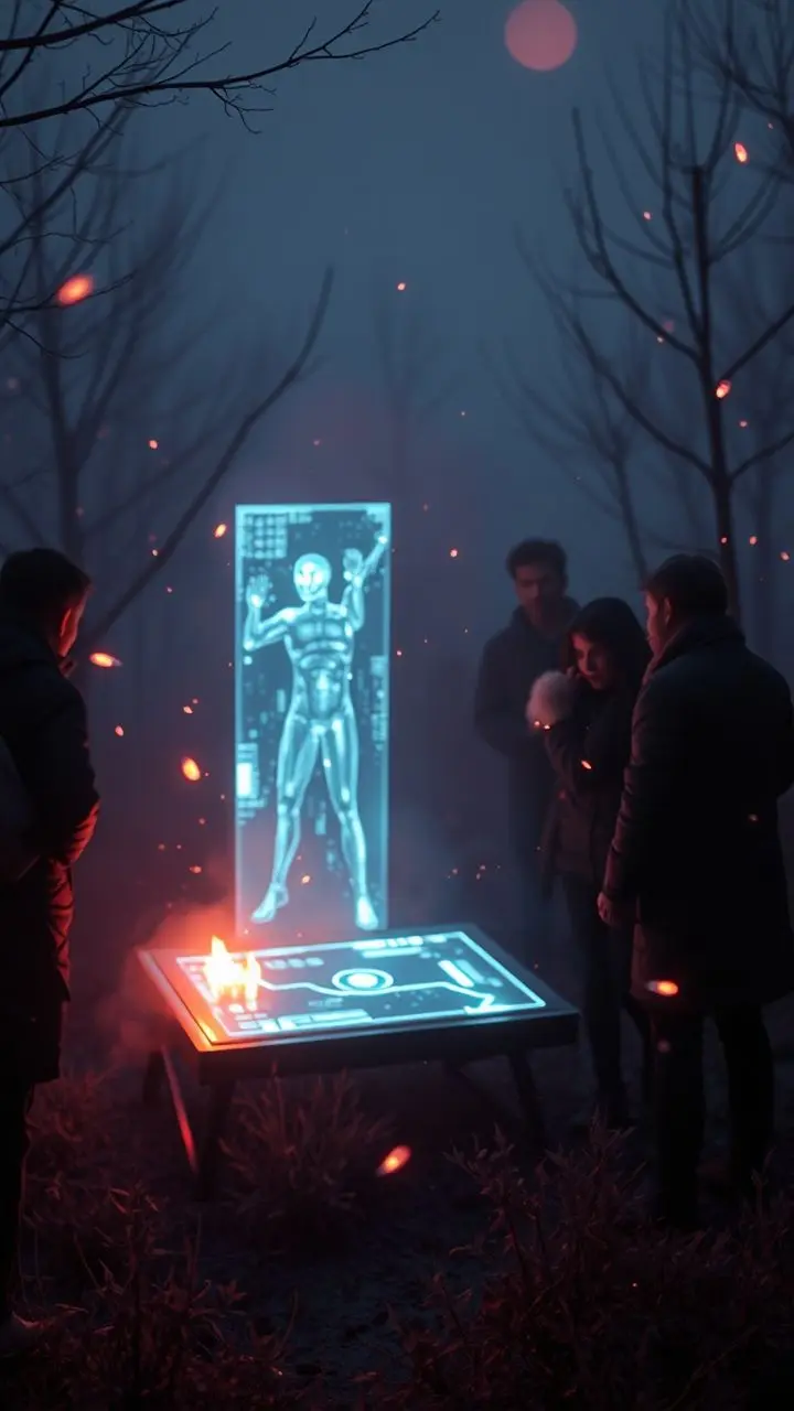 Futuristic hologram at dawn with witnesses and fireflies.