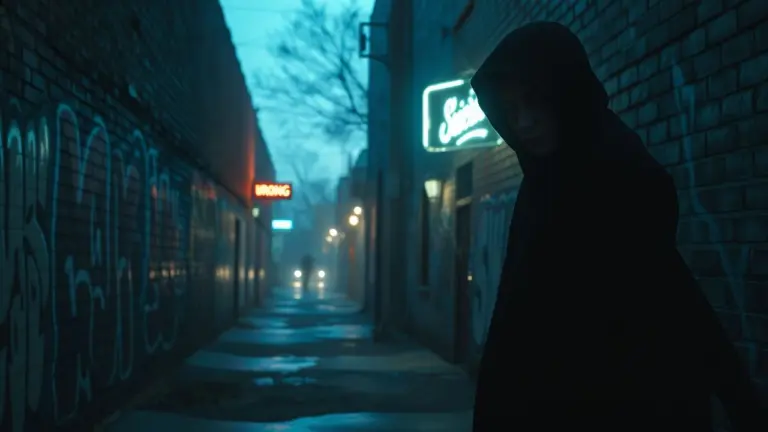Mysterious cloaked figure in a dark, wet alleyway at twilight with neon lights.