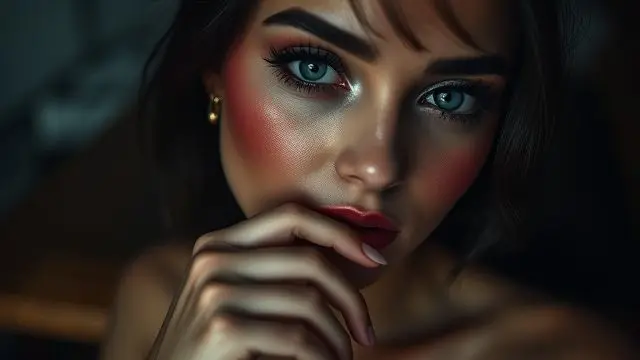 Hungarian influencer with dramatic makeup and hand on chin, POV shot.