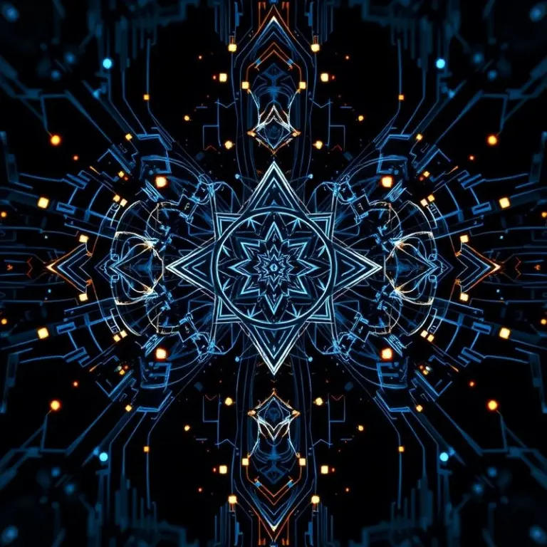 A mysterious, symmetrical design with geometric patterns in blue, silver, and gold.