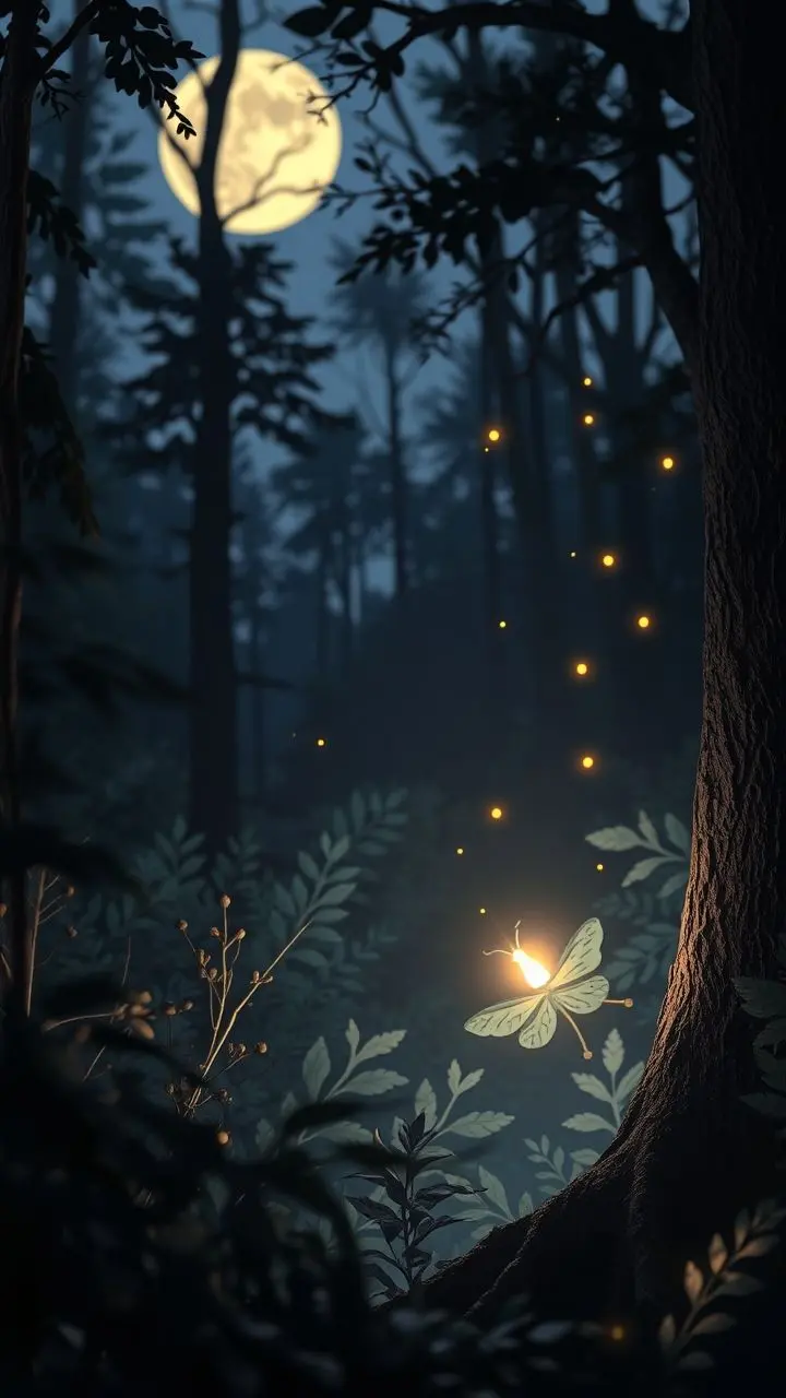 Firefly lighting up a forest with paper cutout shadows.