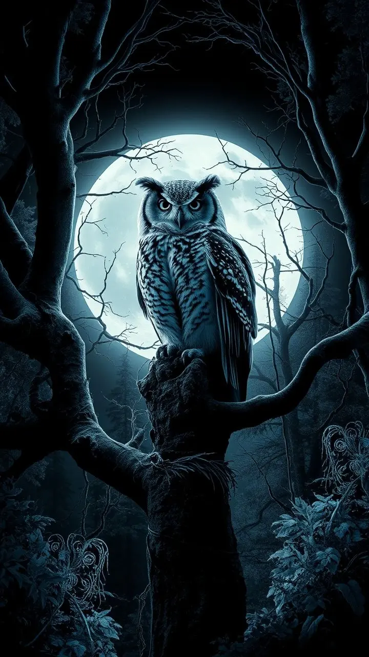 Infrared photo of an owl in a moonlit forest with melting vines.
