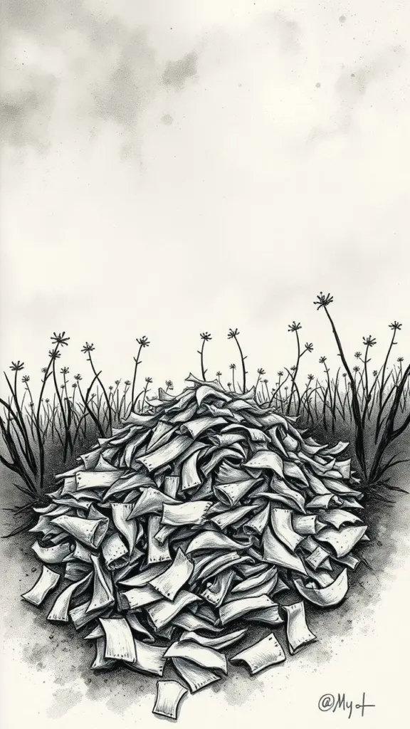 Pile of eraser shavings in a clearing under a cloudy sky.