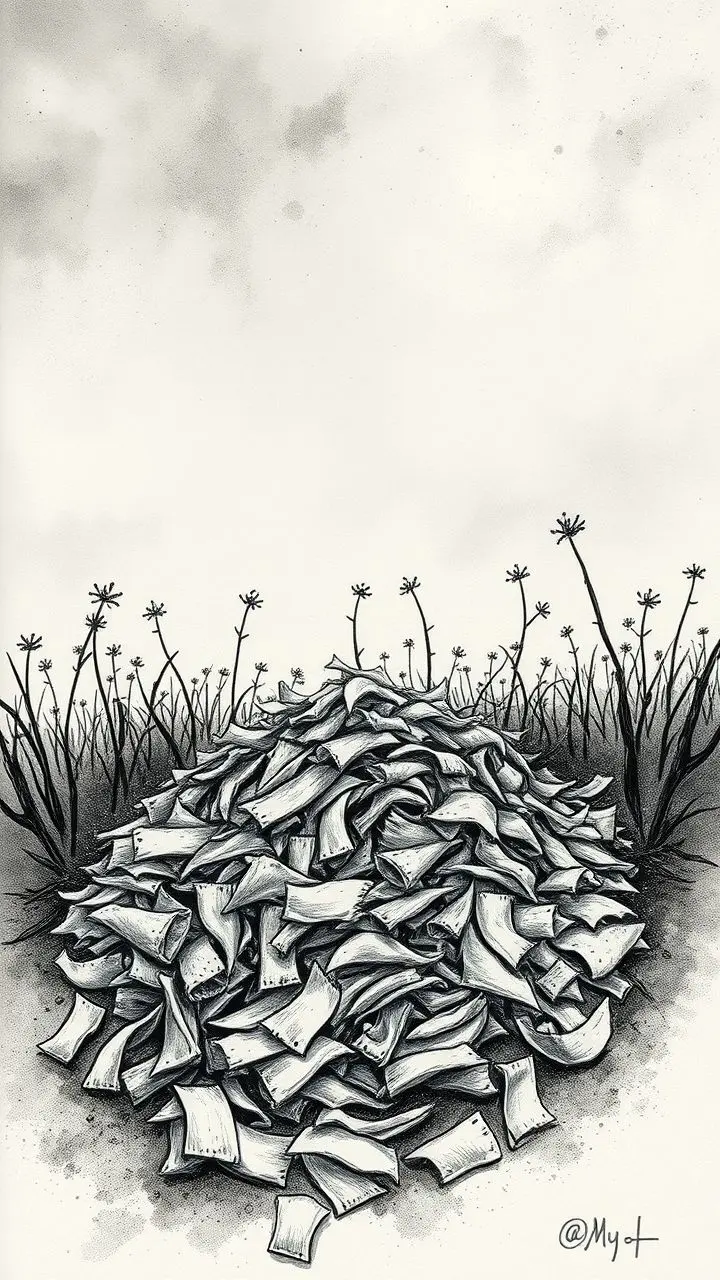 Pile of eraser shavings in a clearing under a cloudy sky.