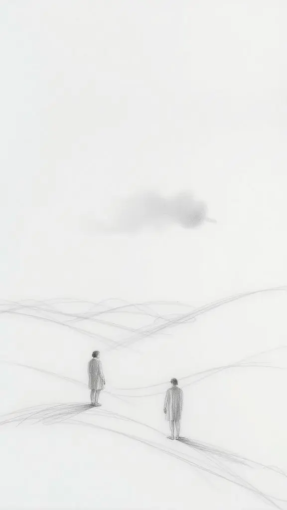 Monochromatic sketch of abstract, swirling shapes and hazy figures.