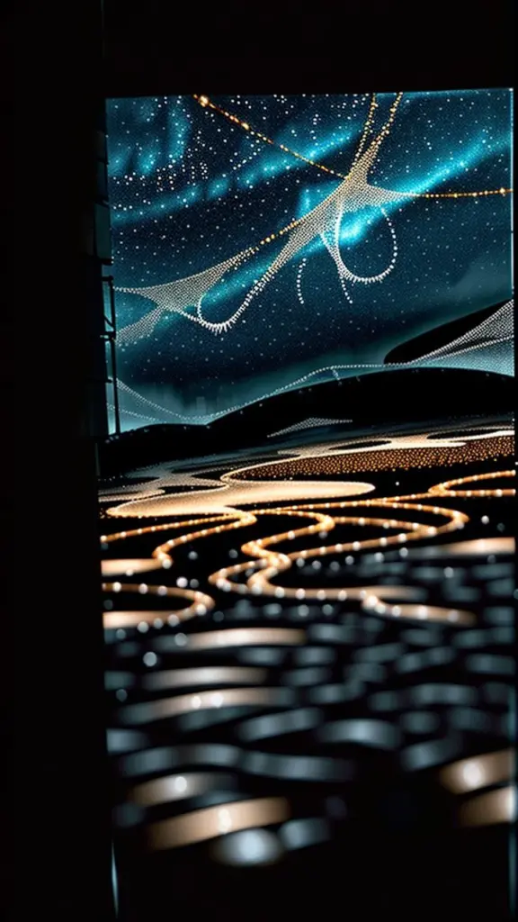 Urban night scene with shimmering threads, sleet, and melting pavement, rendered with sand animation effects and highlighting moist skin.