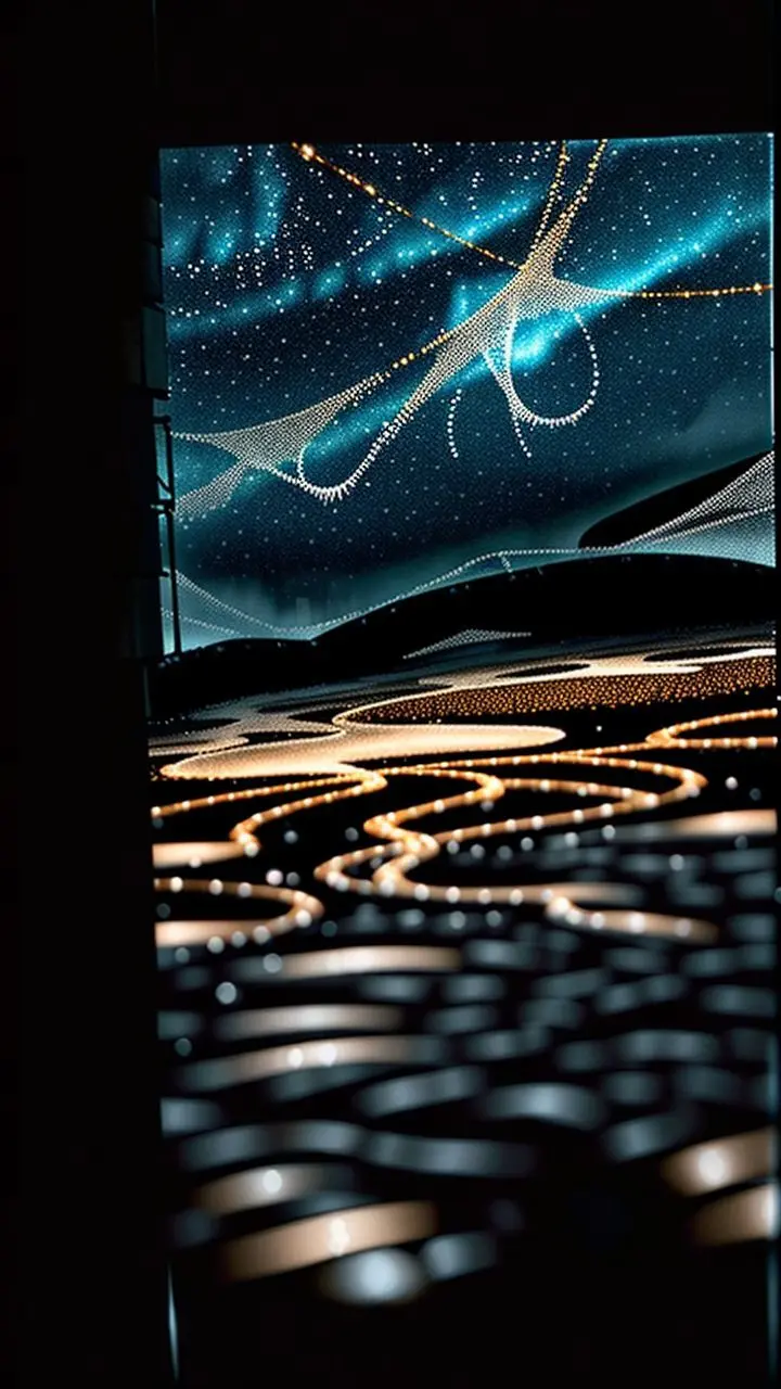Urban night scene with shimmering threads, sleet, and melting pavement, rendered with sand animation effects and highlighting moist skin.