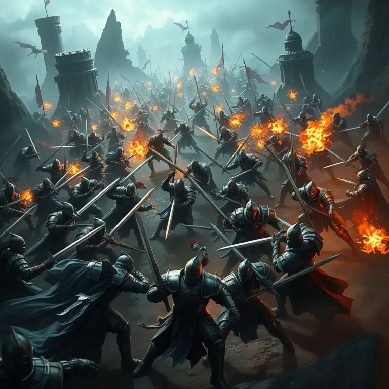 Warriors in epic combat in a dark fantasy landscape.