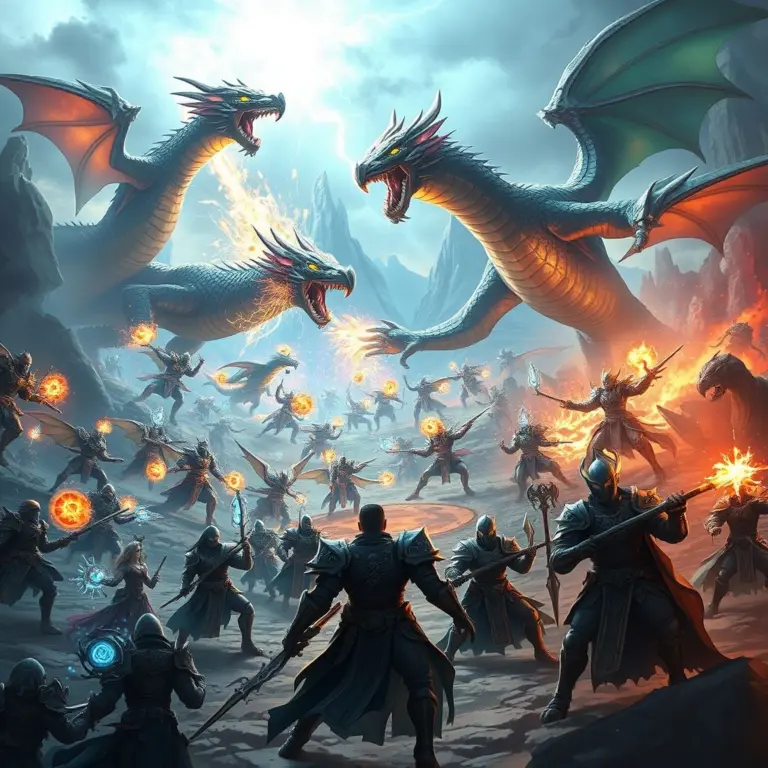 Fantasy battlefield with warriors and dragons fighting.