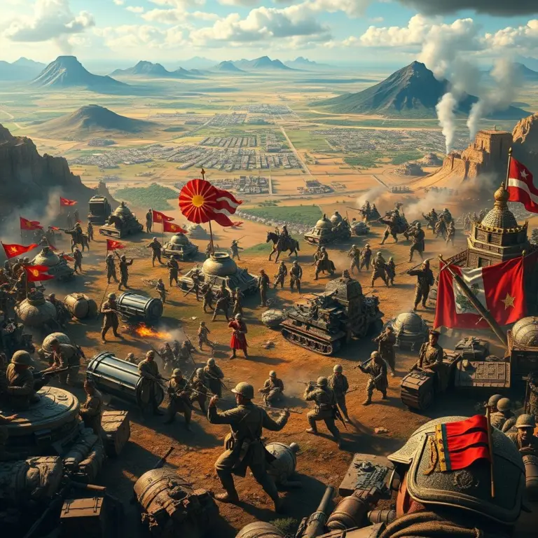 Panoramic depiction of historical military leaders in battle across diverse landscapes.