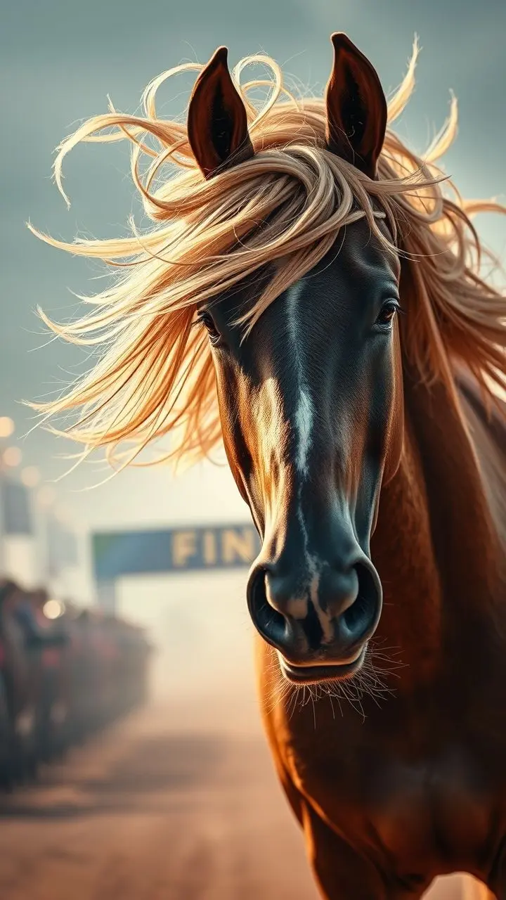 Horse in motion, wind-blown mane, rally finish line, scientific elements, hazy flares, microscopic detail.