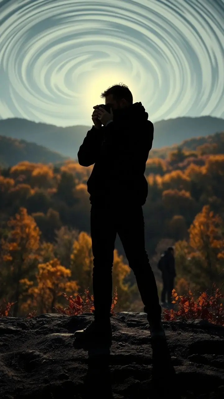 Silhouette of a photographer in a retro-futuristic autumn landscape.