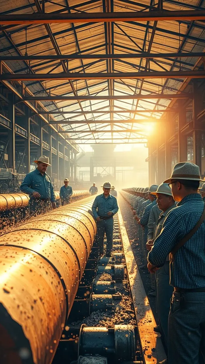 Managers in a rolling mill under a hot sun, with shimmering particles and realistic skin texture.