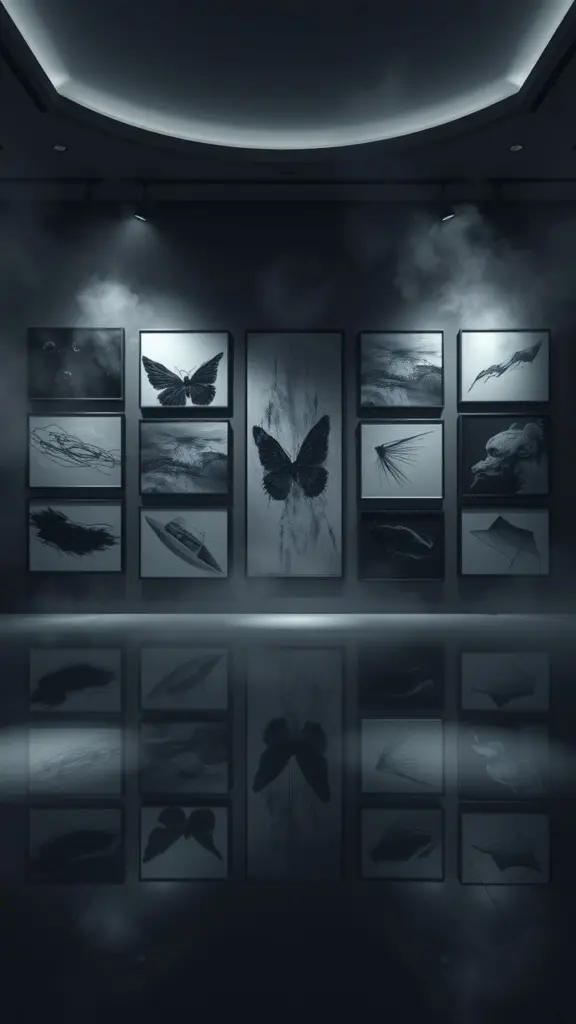 Abstract art in a foggy gallery with glitching patterns.