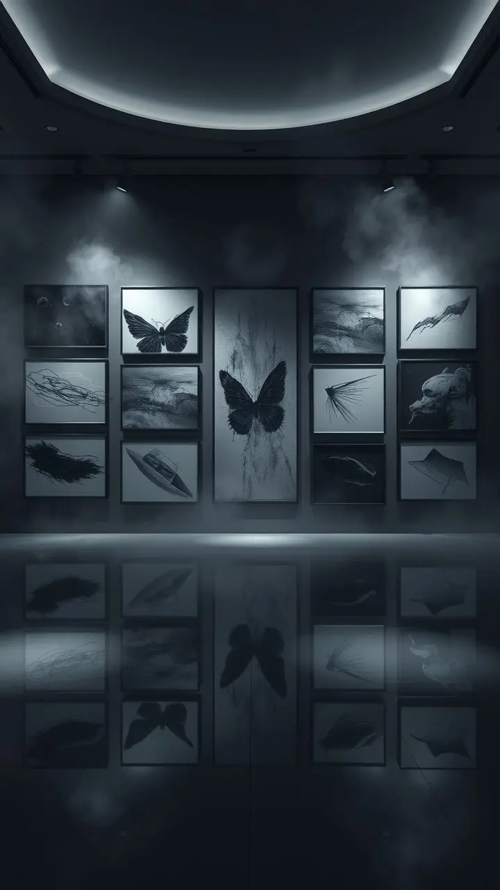 Abstract art in a foggy gallery with glitching patterns.