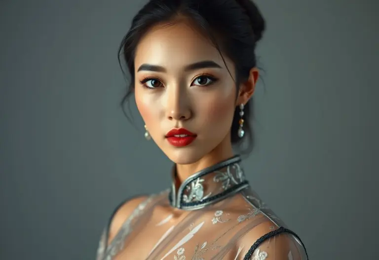 Sculpture of a Korean secret agent in a translucent qipao, encased in crystal.