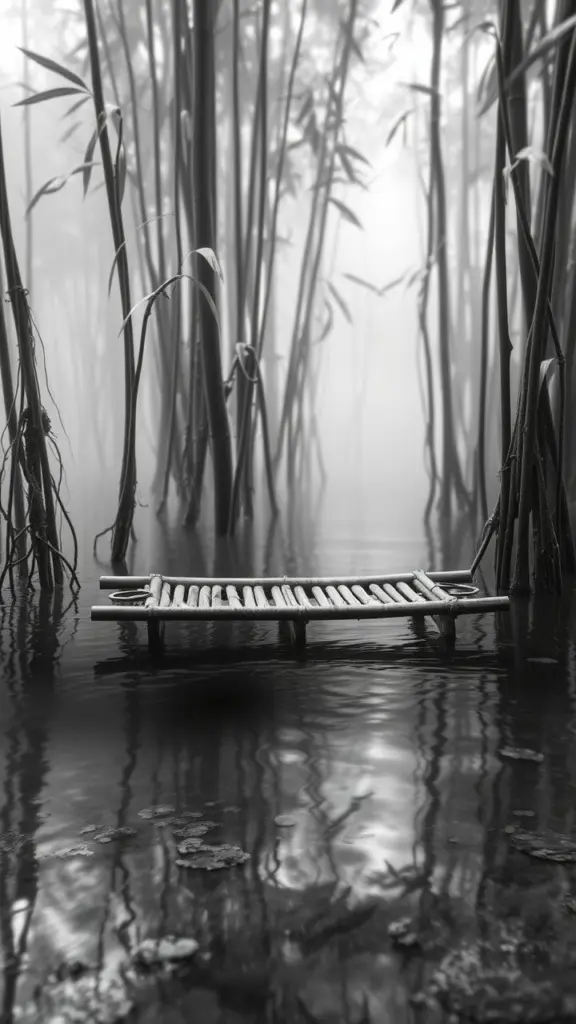 Bamboo raft on misty water with visible roots.