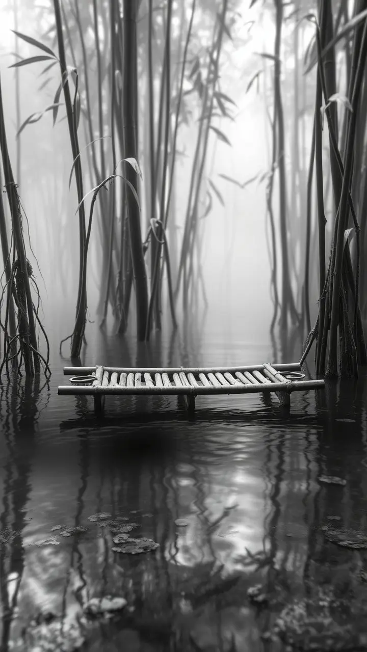 Bamboo raft on misty water with visible roots.