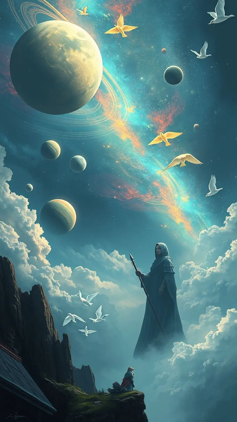 Fantasy art of a starry sky with nine glowing planets.