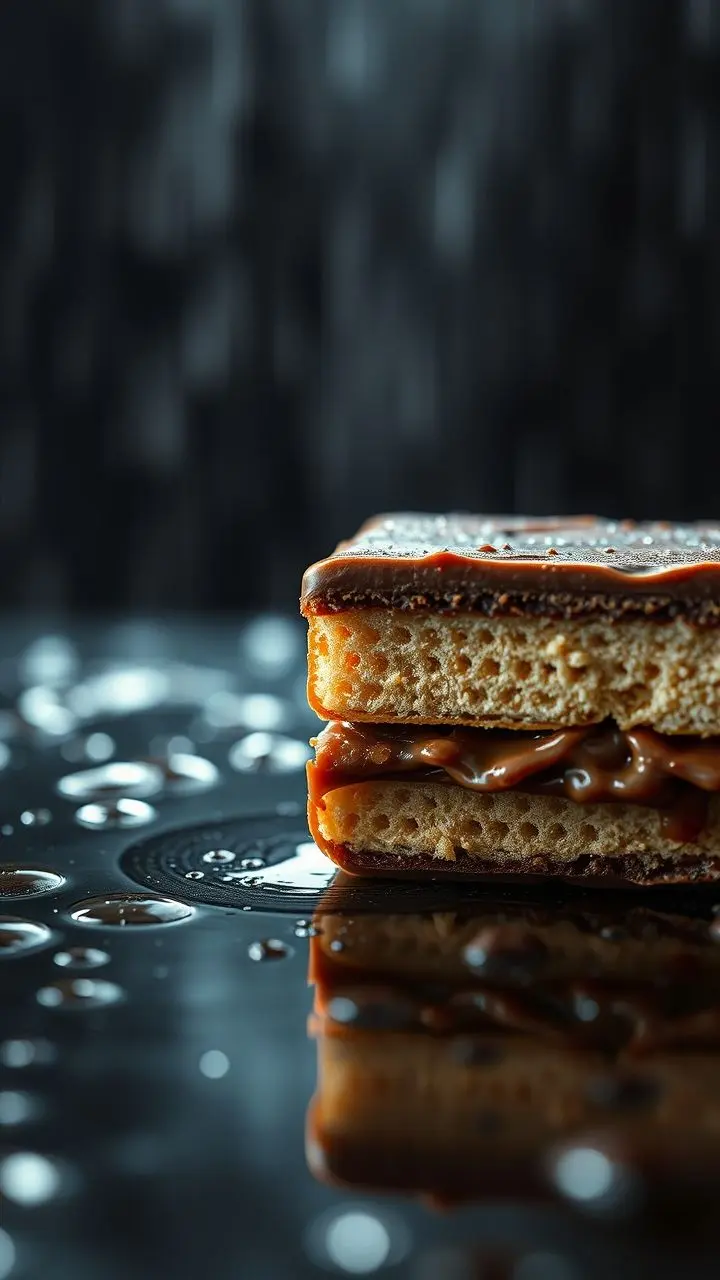 Close-up of chocolate wafer in rain with glitch effects.