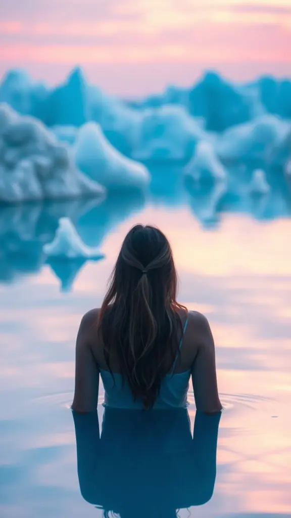 Serene azure lagoon at dawn with frost crystals and pastel colors.