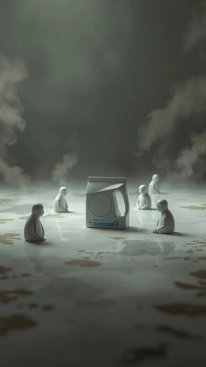 Minimalist studio scene with laundry detergent and ethereal beings in foggy dawn light.