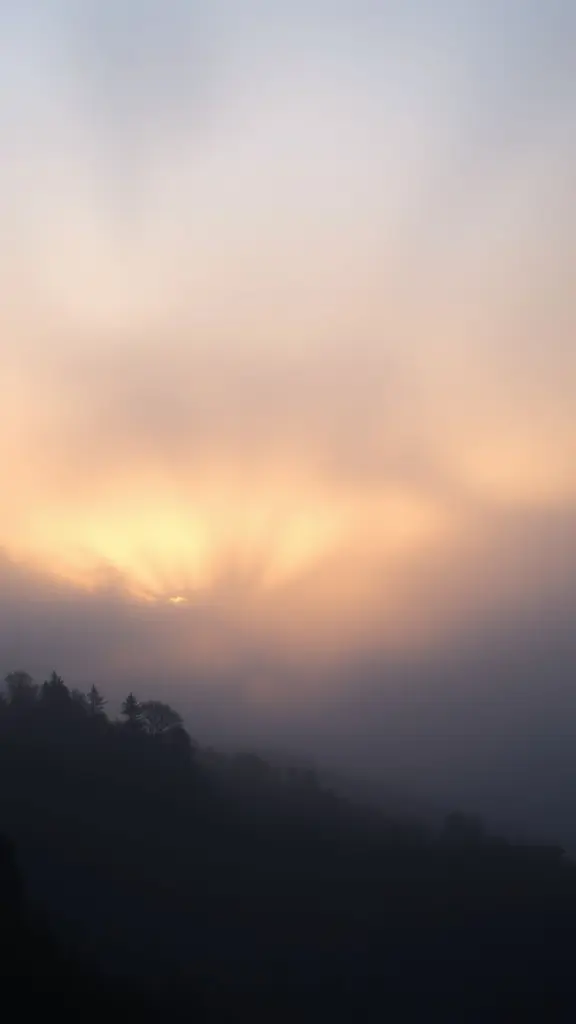 Landscape with volumetric light and mist at dawn.