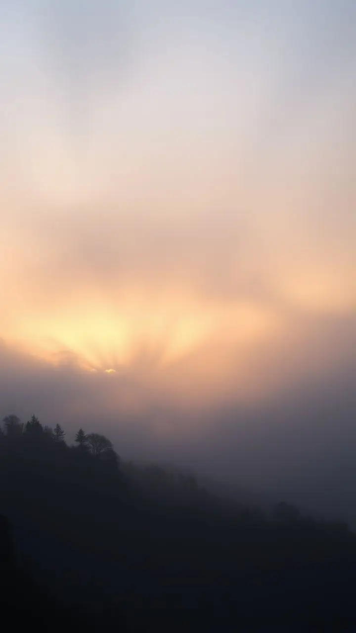 Landscape with volumetric light and mist at dawn.