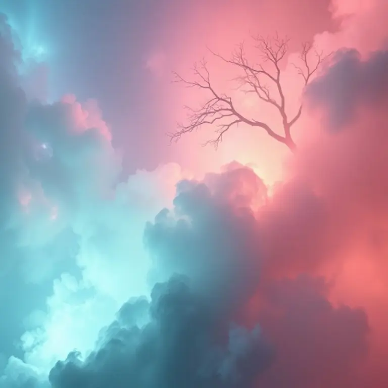 Surreal dreamlike landscape with vivid colors and mist.