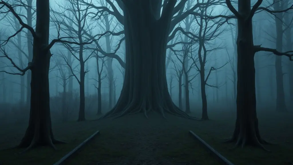 Eerie forest path, hyper-realistic detail, soft light.