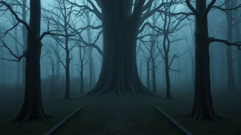Eerie forest path, hyper-realistic detail, soft light.