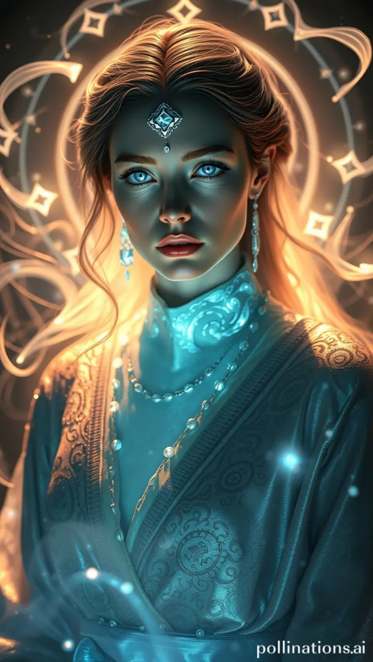 Portrait of mystical woman Gloria with glowing eyes and iridescent robes.