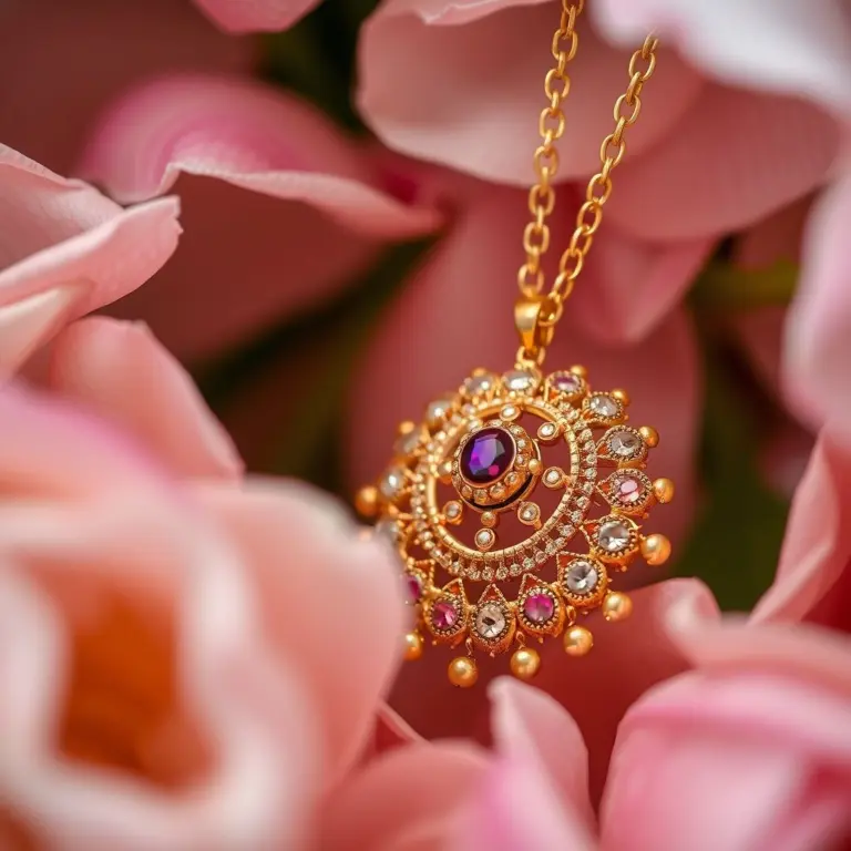 Close-up of a gold Kundan necklace on flower petals.
