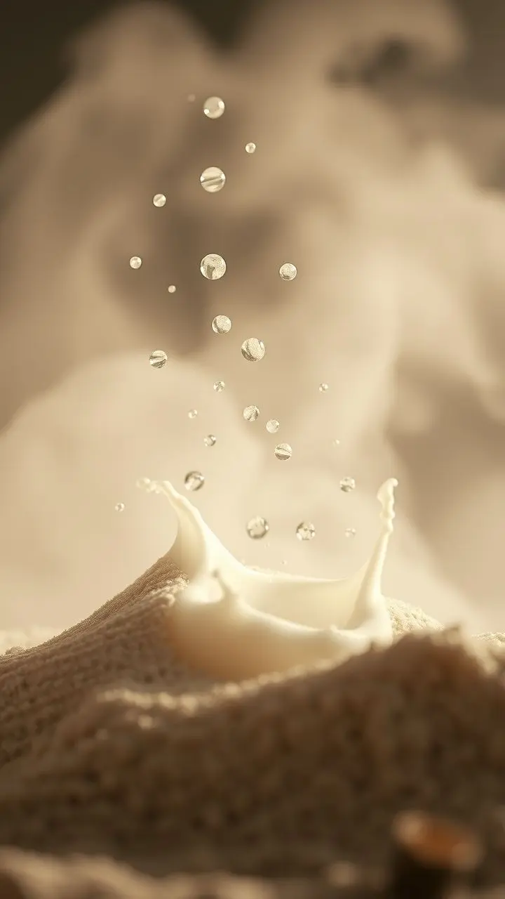 Infrared photo of milk inspiration in dusty wind with mirrored particles and light bloom.