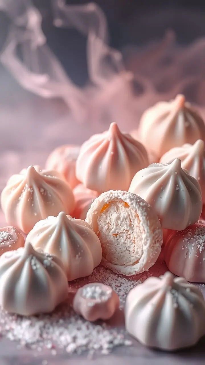 Minimalist arrangement of sweet mochi desserts with smoky dust.