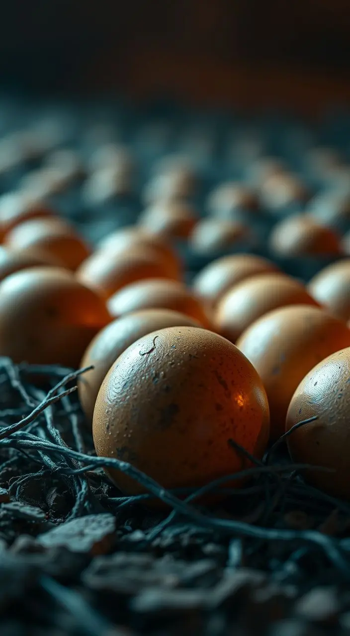 Close-up of glowing eggs in a nest, dramatic lighting.