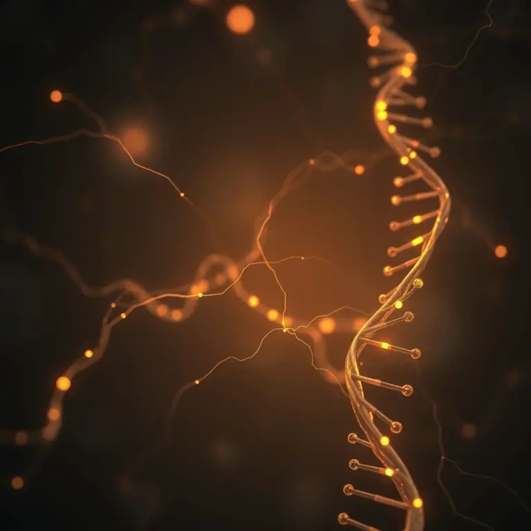 Abstract glowing neural and DNA strands.