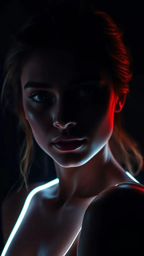 Portrait with dramatic rim lighting, subject silhouetted against dark background.