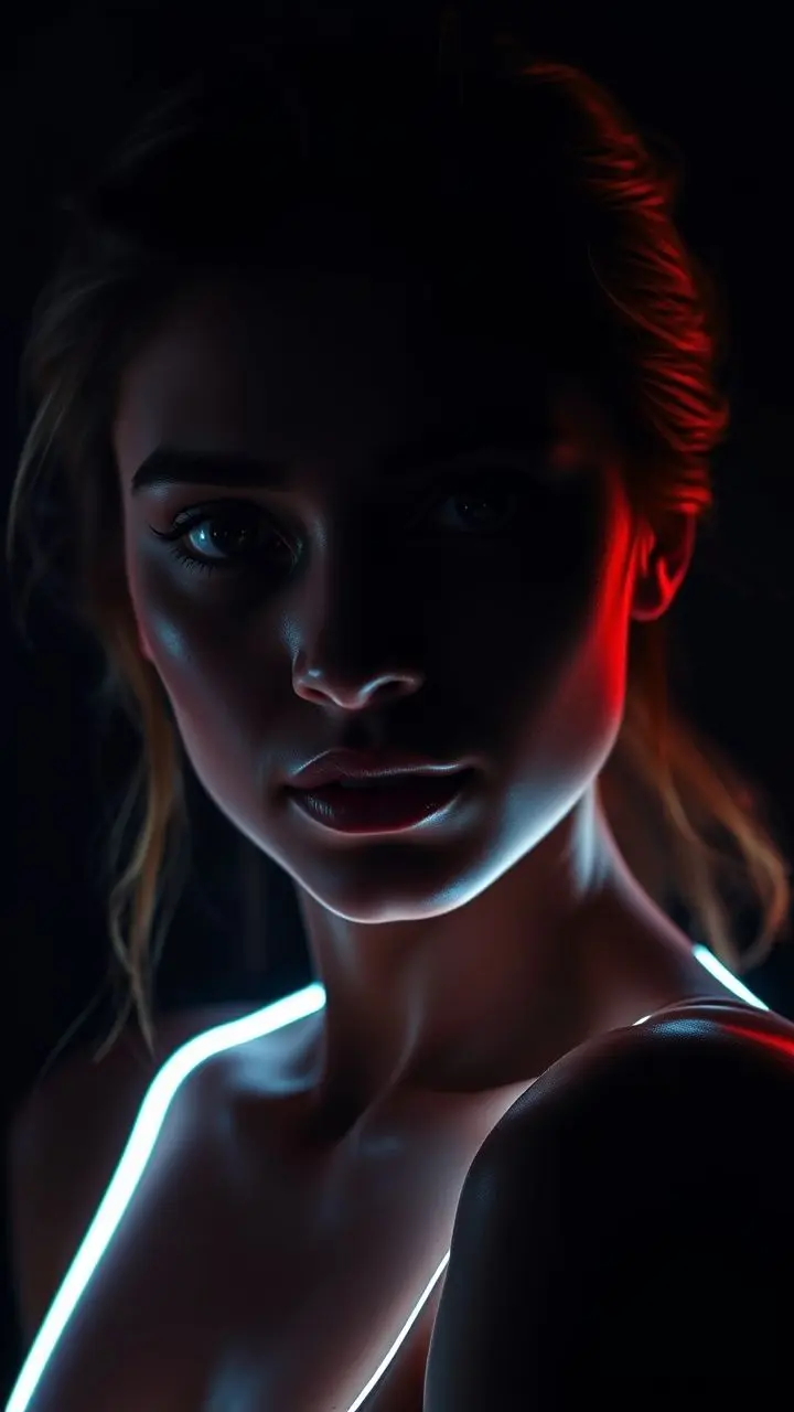 Portrait with dramatic rim lighting, subject silhouetted against dark background.