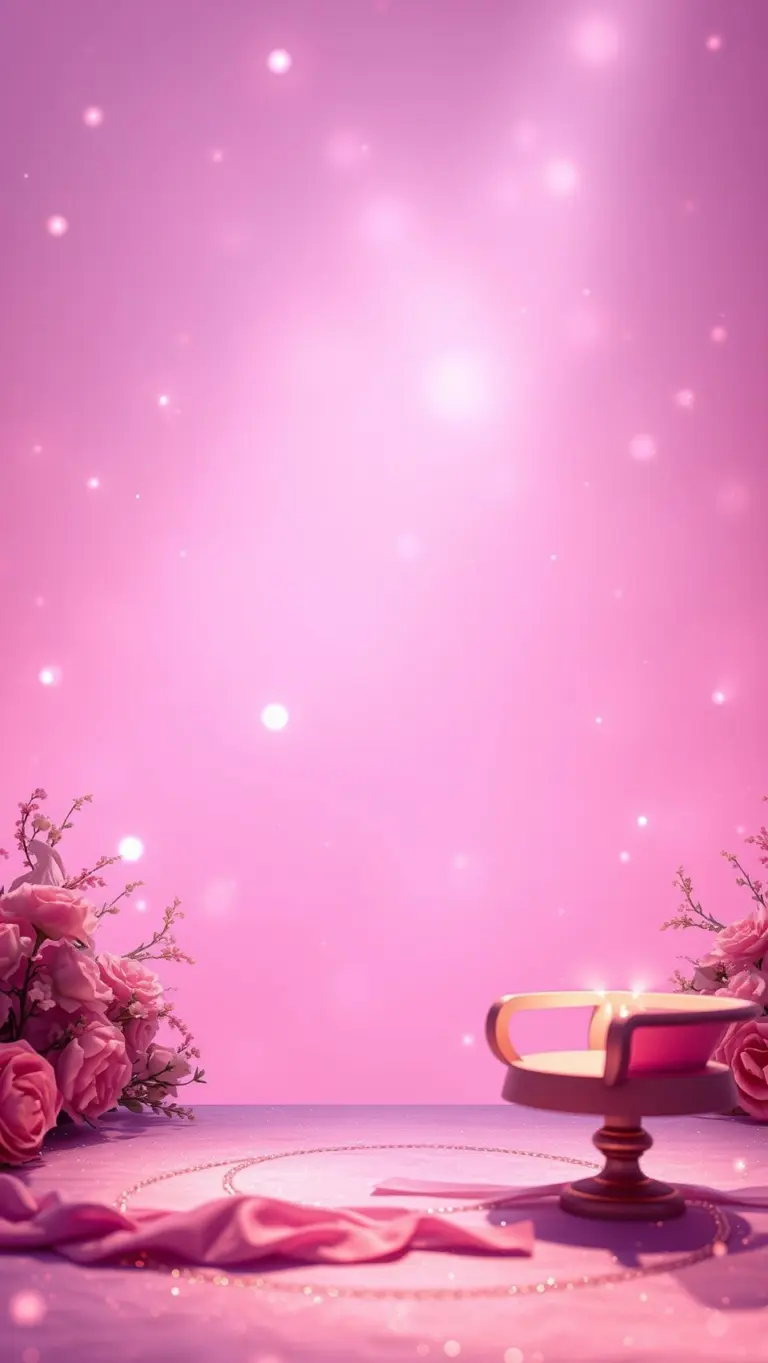 Whimsical princess scene with gradient background and rose gold accents.