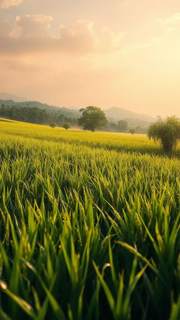 Vivid rice harvest scene with shimmering textures and embedded HTML code.