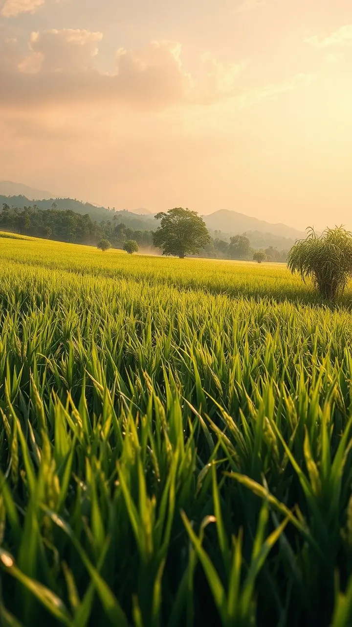 Vivid rice harvest scene with shimmering textures and embedded HTML code.