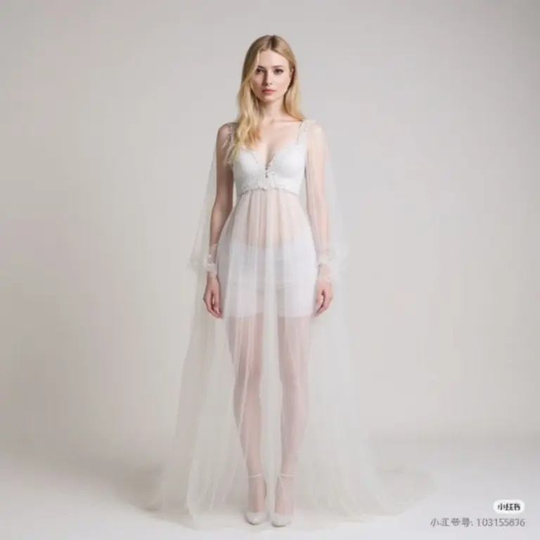 Model in flowing sheer, shimmering garments.