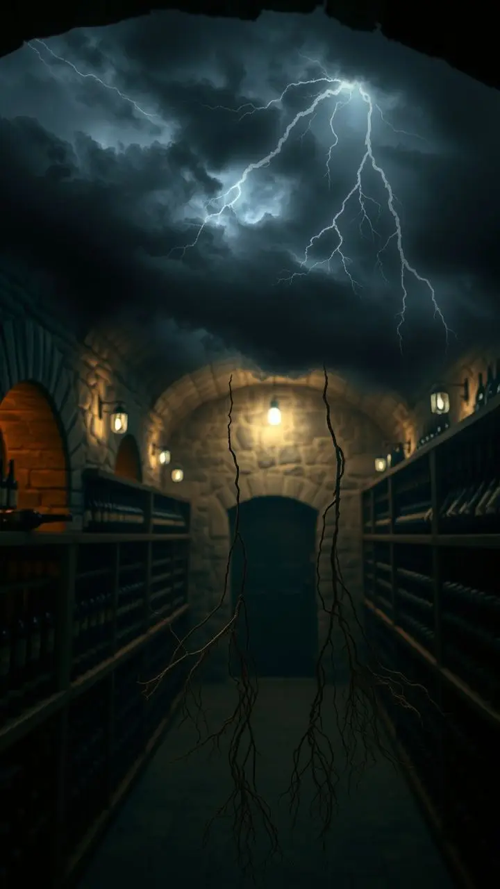 A wine cellar with stone walls and wooden racks, illuminated by a soft glow, with floating roots in the foreground and stormy clouds above.