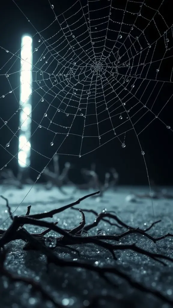 Close-up of a spiderweb covered in dew droplets, with roots and a light pillar in a cold, grainy environment.