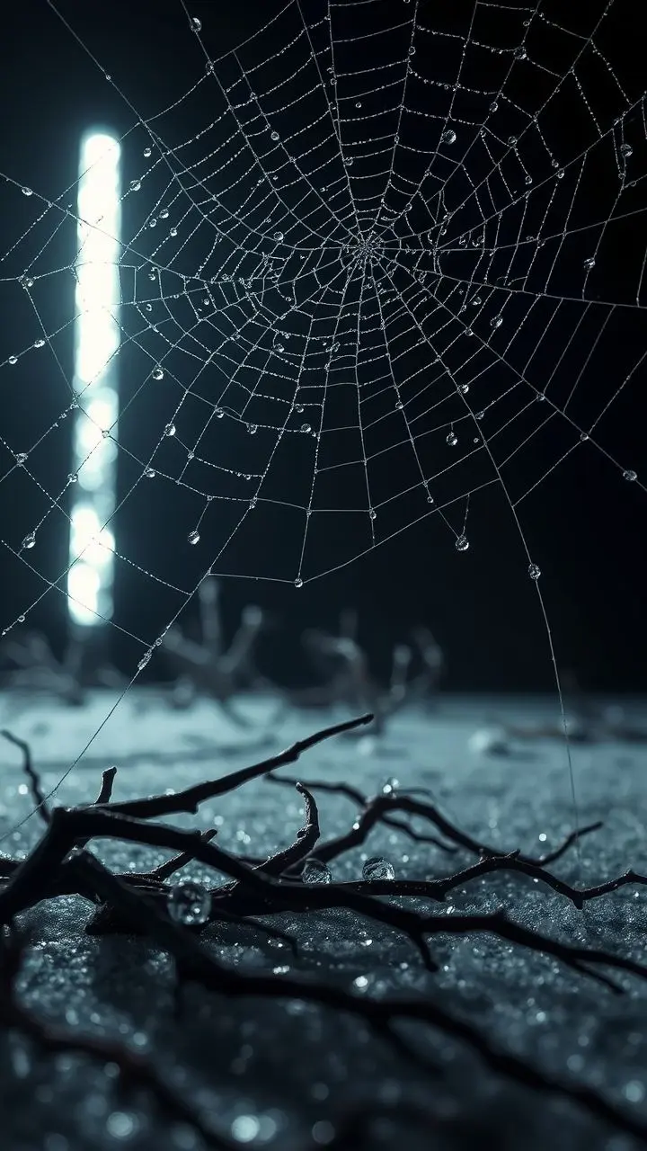 Close-up of a spiderweb covered in dew droplets, with roots and a light pillar in a cold, grainy environment.