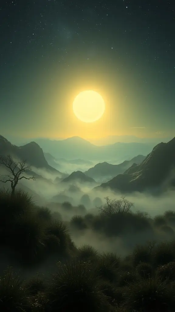 Surreal landscape with zodiacal light and warped mist.