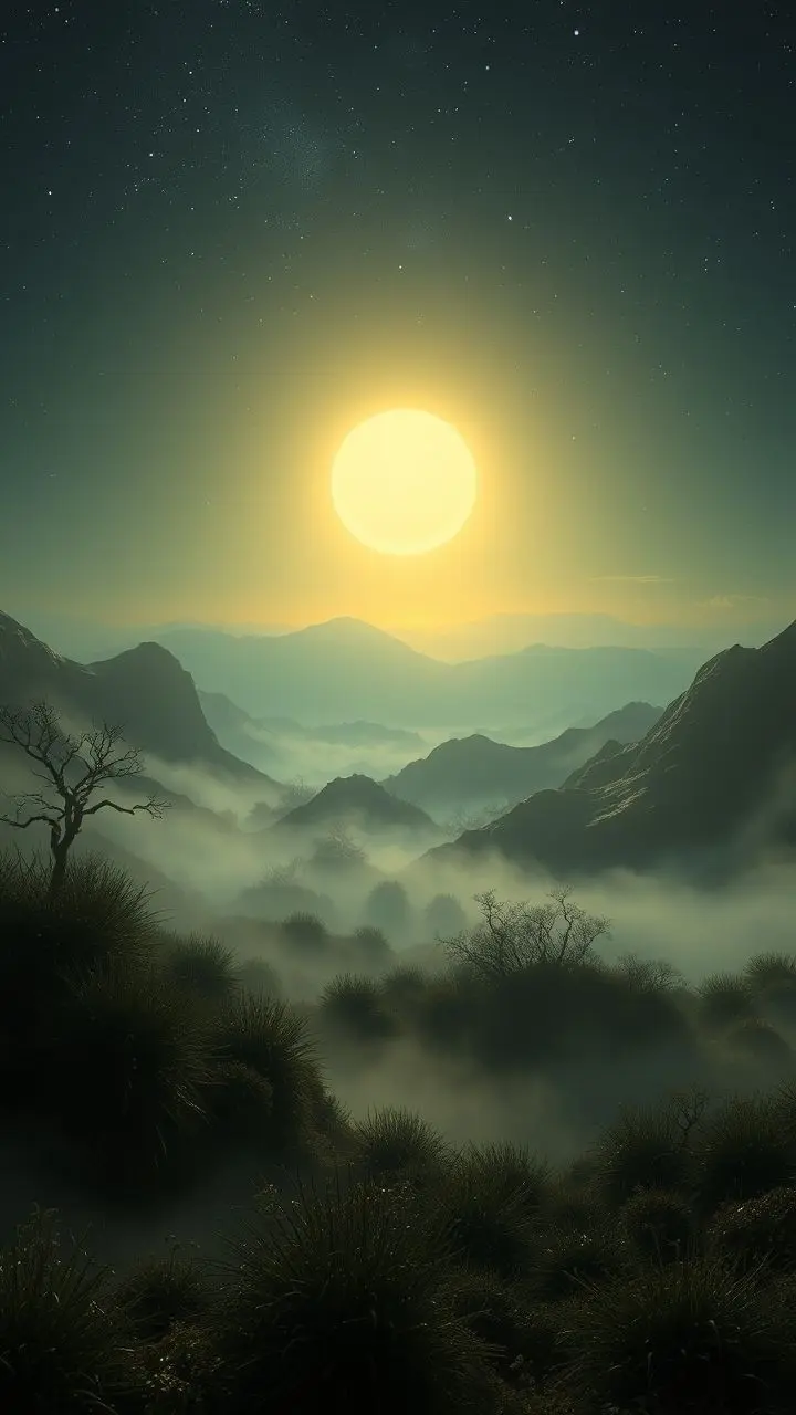 Surreal landscape with zodiacal light and warped mist.