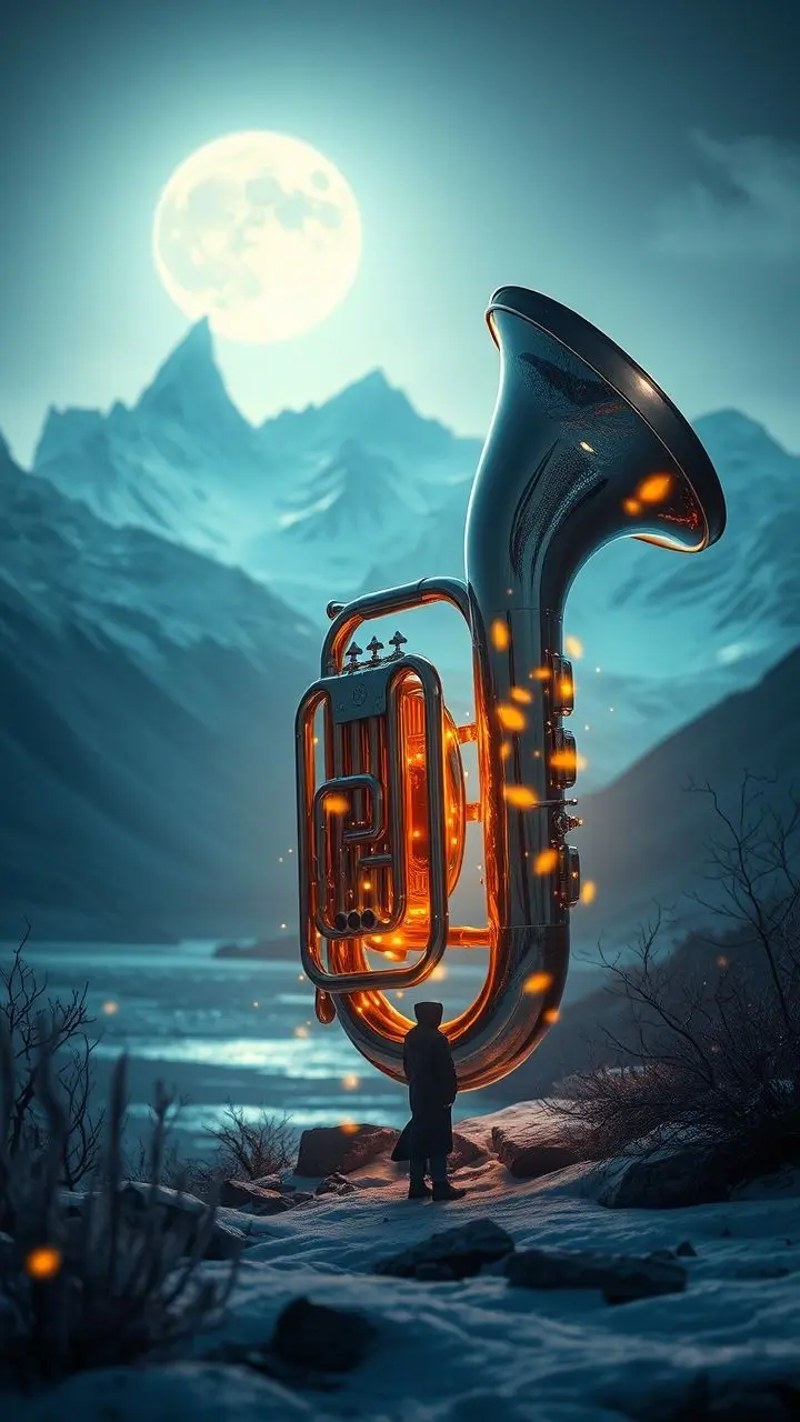 Euphonium with fireflies near glacial peaks, neon noir lighting.